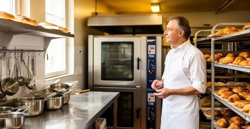 Artisan boulanger observant son four électrique professionnel dans son laboratoire