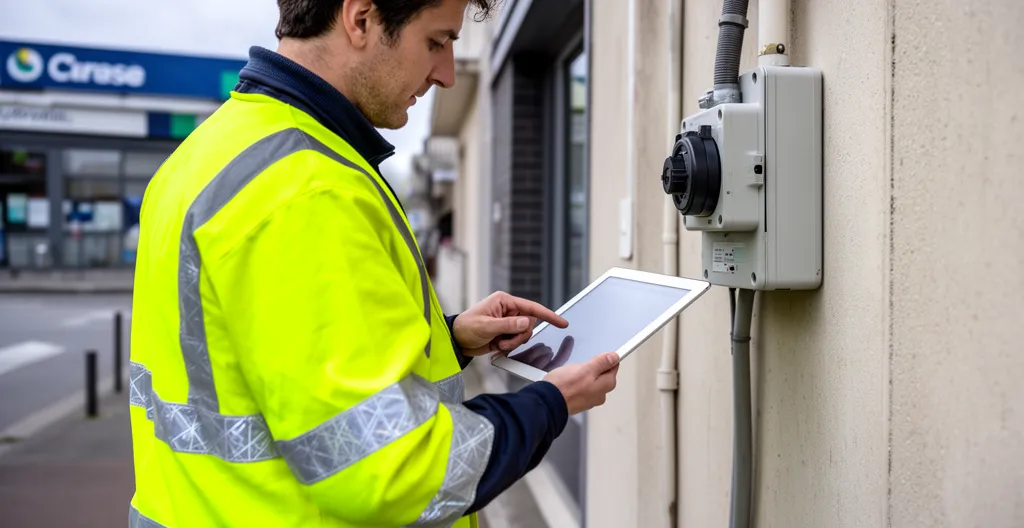 Technicien utilisant une tablette près d'un point de raccordement électrique extérieur