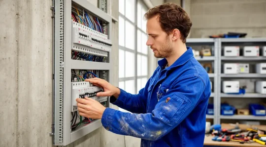 Électricien inspectant un tableau électrique triphasé dans un atelier professionnel