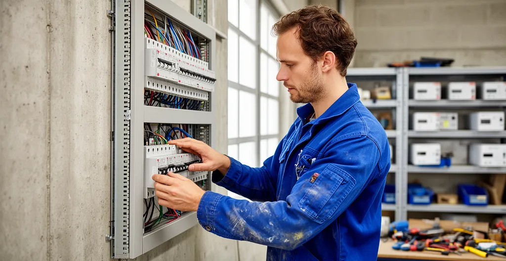 Électricien inspectant un tableau électrique triphasé dans un atelier professionnel