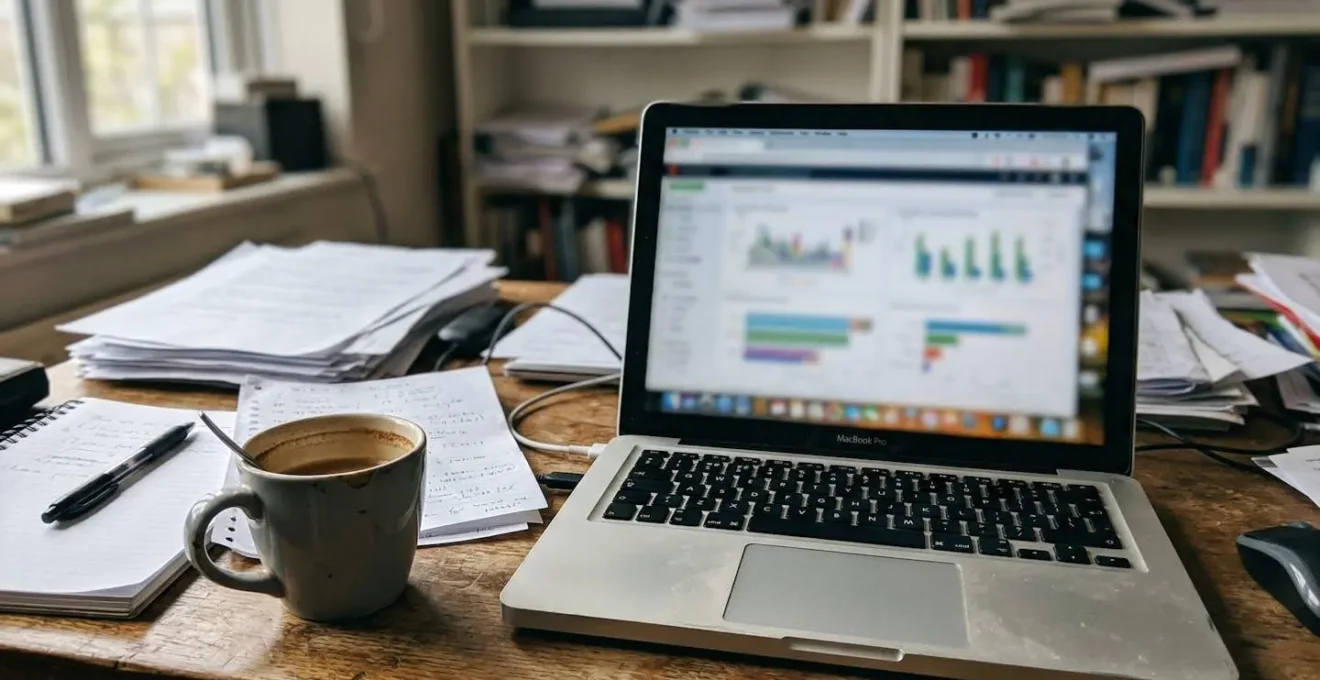 Un ordinateur portable posé sur un bureau encombré de dossiers, avec une tasse de café à côté et un écran affichant des graphiques floutés