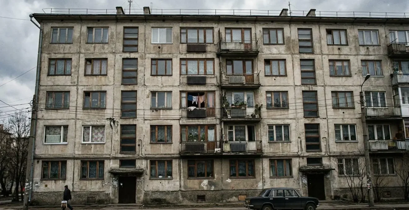 Façade d'un immeuble collectif des années 1970-80 vue depuis la rue, avec des radiateurs visibles derrière les fenêtres sous un ciel gris