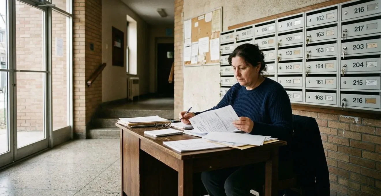 Un gestionnaire de copropriété consulte des documents administratifs dans le hall lumineux d'un immeuble collectif